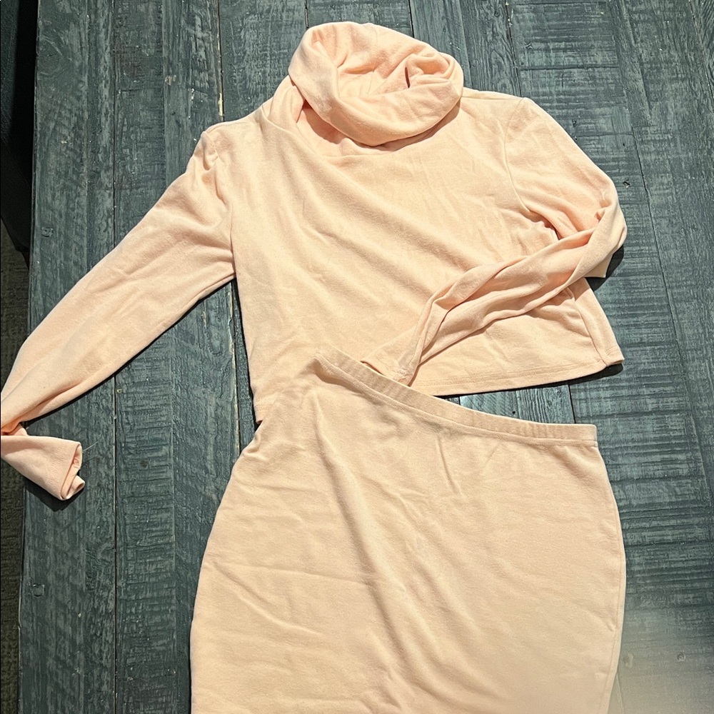 Elegant Peach Turtleneck Crop Top and Skirt Set